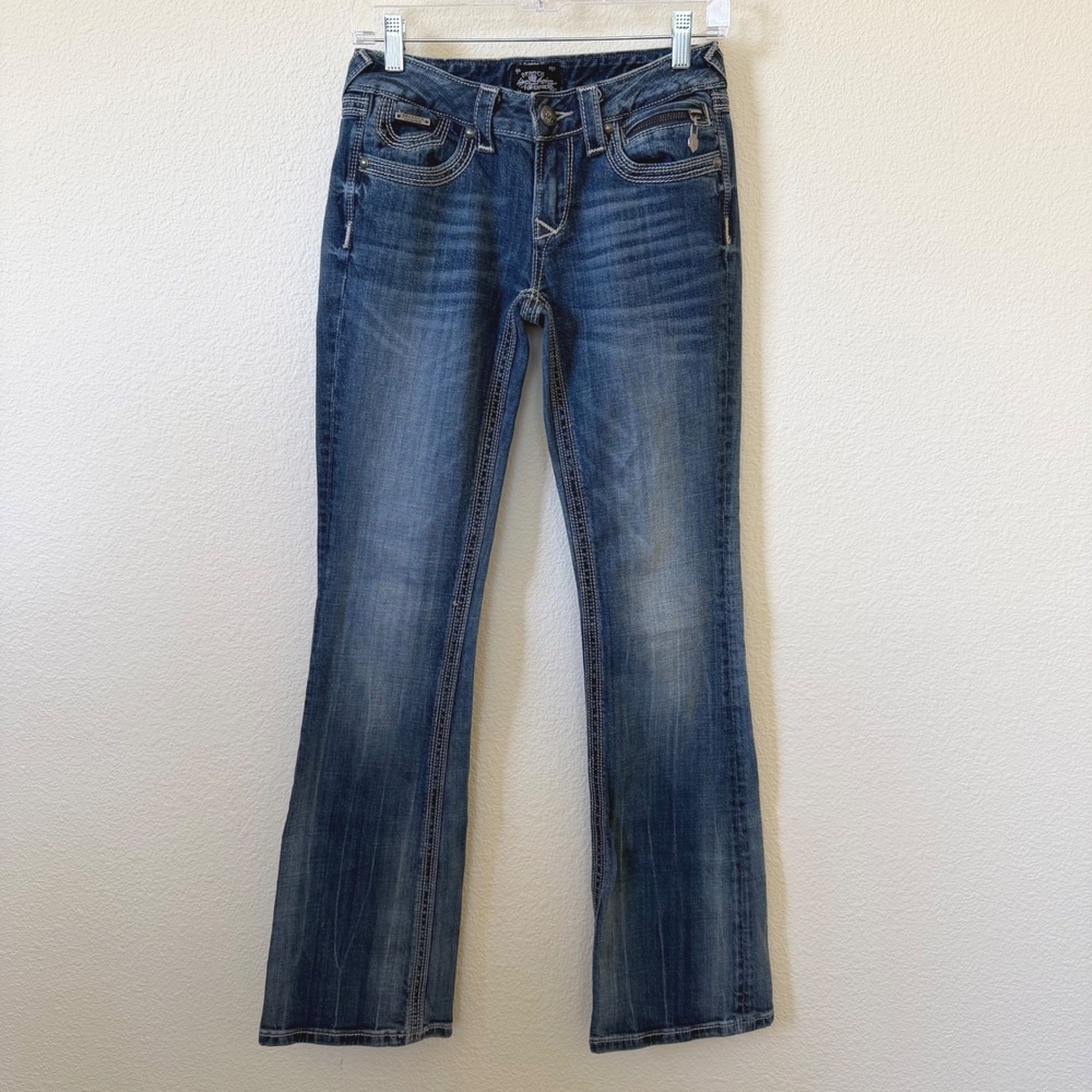 Y2K Embroidered Bootcut Jeans Blue Denim Women Size 2 Thick Stitch Low Rise